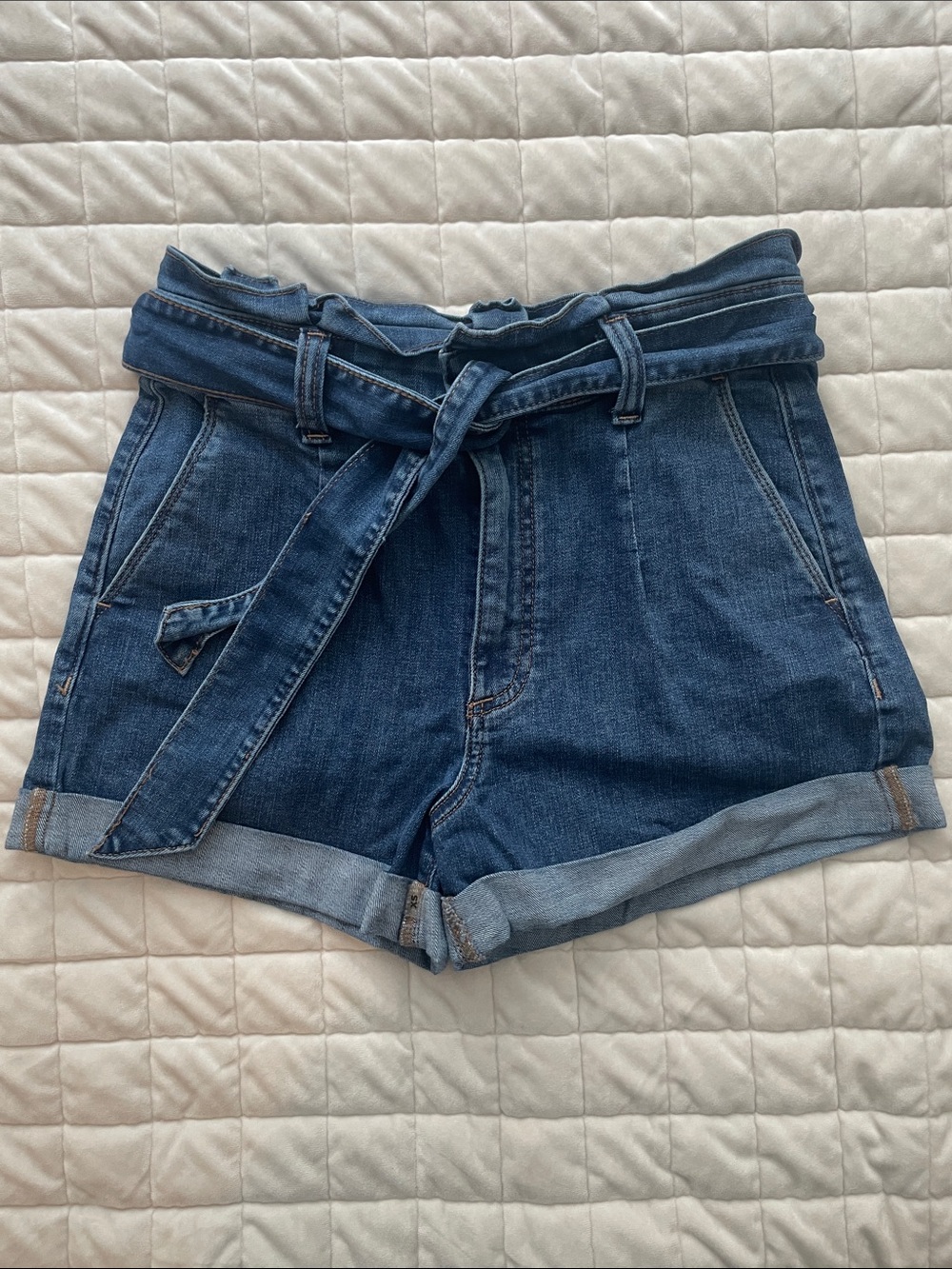 Express Denim Paperbag Waist Tie Shorts - Blue